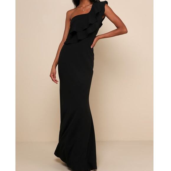 Lulus NWT Grand Beauty Black Ruffled One-Shoulder Mermaid Maxi Dress Medium - Picture 1 of 10